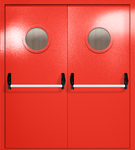 Двупольная дверь ei-60 с круглыми стеклами и ручками «антипаника» (цвет красный RAL 3020)