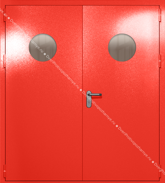 Двупольная дверь ei-60 с круглыми стеклами и ручками «антипаника» (цвет красный RAL 3020) Двупольная дверь ei-60 с круглыми стеклами и ручками «антипаника» (цвет красный RAL 3020)