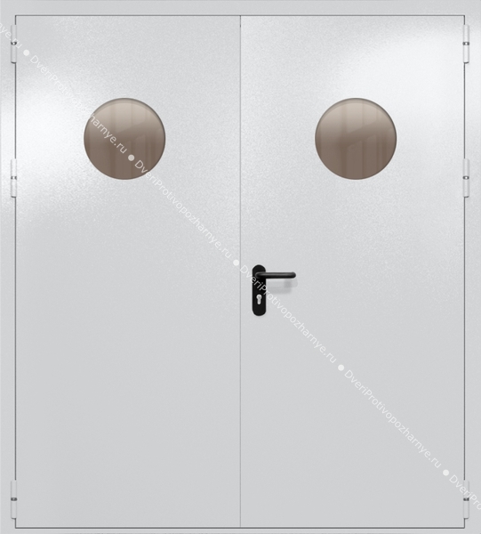 Двупольная дверь ei-60 с круглыми стеклами и ручками «антипаника» (цвет светло-серый RAL 7047)