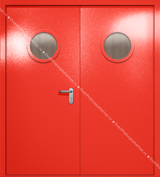 Двупольная дверь ei-60 с круглыми стеклами (цвет красный RAL 3020) Двупольная дверь ei-60 с круглыми стеклами (цвет красный RAL 3020)