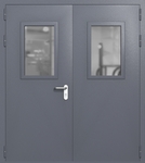 Двупольная дверь ei-60 со стеклами 600x400 и ручками хром (цвет темно-серый RAL 7015)