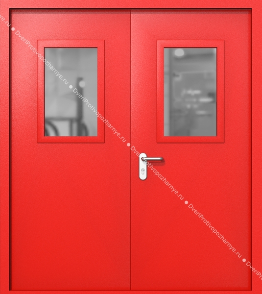 Двупольная дверь ei-60 со стеклами 600x400 и ручками хром (цвет красный RAL 3020) Двупольная дверь ei-60 со стеклами 600x400 и ручками хром (цвет красный RAL 3020)