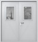 Двупольная дверь ei-60 со стеклами 600x400 и ручками хром (цвет светло-серый RAL 7047)