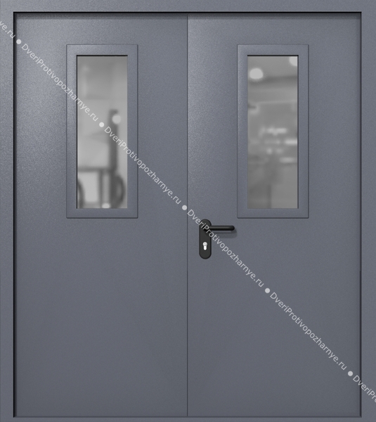 Двупольная дверь ei-60 со стеклами 700x300 (цвет темно-серый RAL 7015)