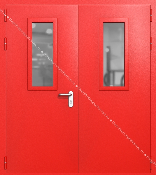 Двупольная дверь ei-60 со стеклами 700x300 и ручками хром (цвет красный RAL 3020)