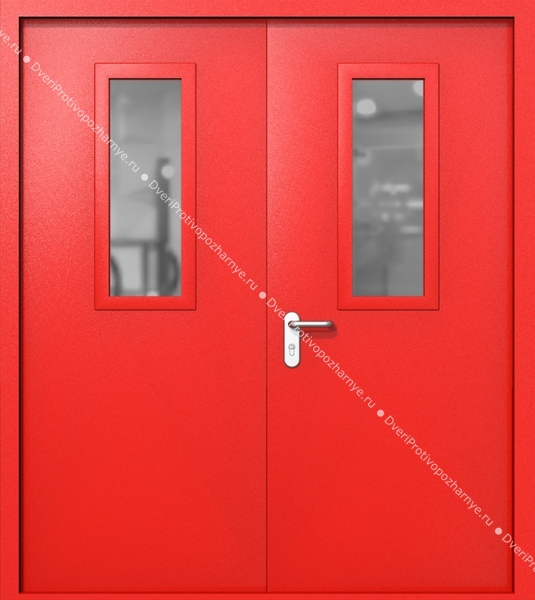 Двупольная дверь ei-60 со стеклами 700x300 и ручками хром (цвет красный RAL 3020)