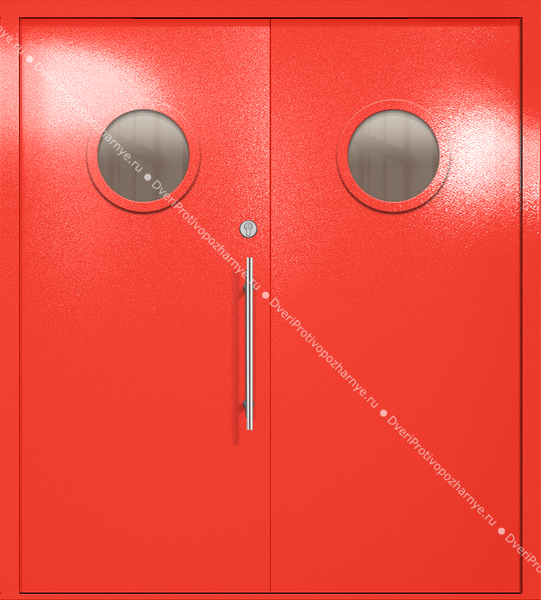 Двупольная техническая дверь с круглыми стеклами (цвет красный RAL 3020)