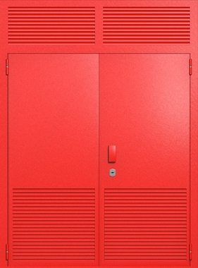 Двупольная глухая техническая дверь с верхней вставкой и вентиляцией (цвет красный RAL 3020) Двупольная глухая техническая дверь с верхней вставкой и вентиляцией (цвет красный RAL 3020)