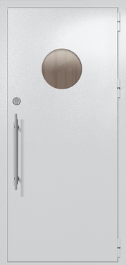 Однопольная техническая дверь с круглым стеклом (цвет светло-серый RAL 7047) Однопольная техническая дверь с круглым стеклом (цвет светло-серый RAL 7047)