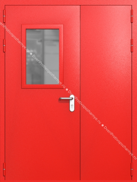 Полуторапольная дверь ei-60 со стеклом 600x400 и ручками хром (цвет красный RAL 3020)