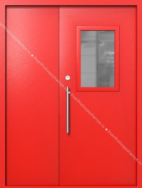 Полуторапольная техническая дверь со стеклом 600x400 (цвет красный RAL 3020)