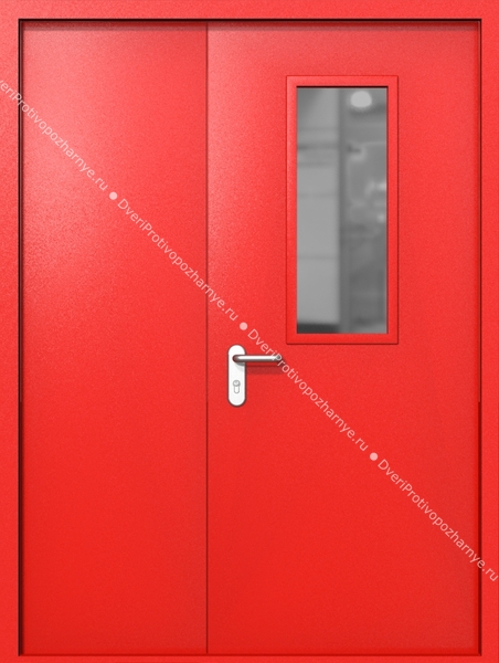 Полуторапольная дверь ei-60 со стеклом 700x300 и ручками хром (цвет красный RAL 3020)