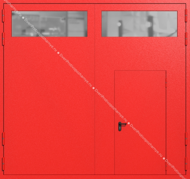 Распашные крупногабаритные ворота ei-60 с остеклением и калиткой (цвет красный RAL 3020) Распашные крупногабаритные ворота ei-60 с остеклением и калиткой (цвет красный RAL 3020)